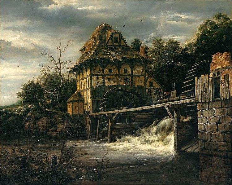 RUISDAEL, Jacob Isaackszon van Two Undershot Watermills with Men Opening a Sluice